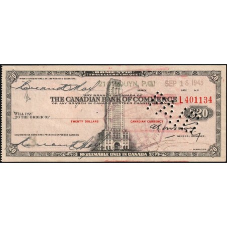 Canada - Chèque Voyage - The Canadian Bank of Commerce - 20 dollars - 1945 - Etat : SUP