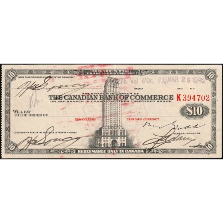 Canada - Chèque Voyage - The Canadian Bank of Commerce - 10 dollars - 1946 - Etat : SUP