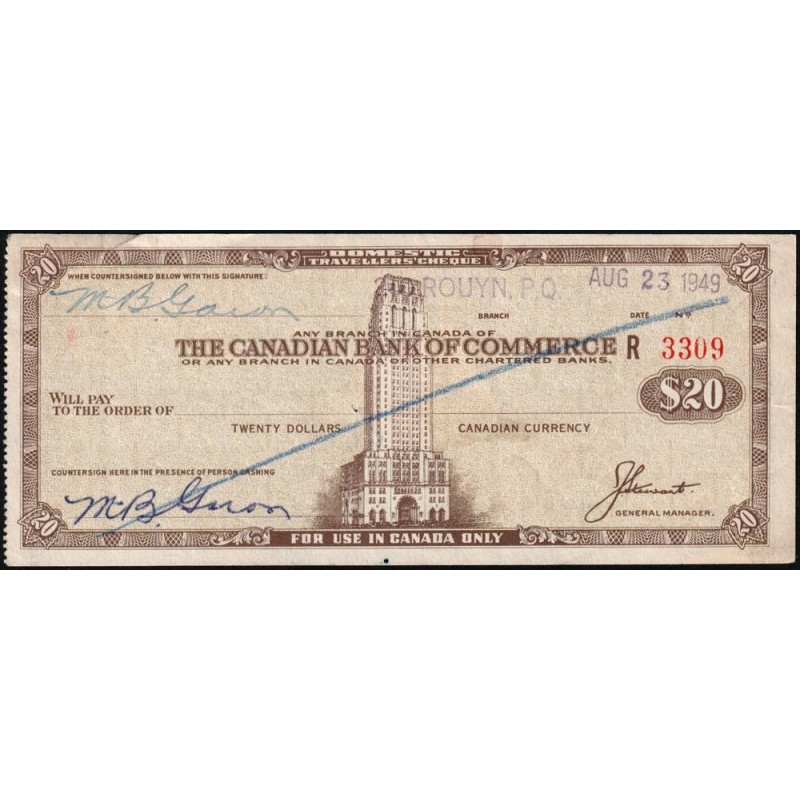 Canada - Chèque Voyage - The Canadian Bank of Commerce - 20 dollars - 1949 - Etat : TTB
