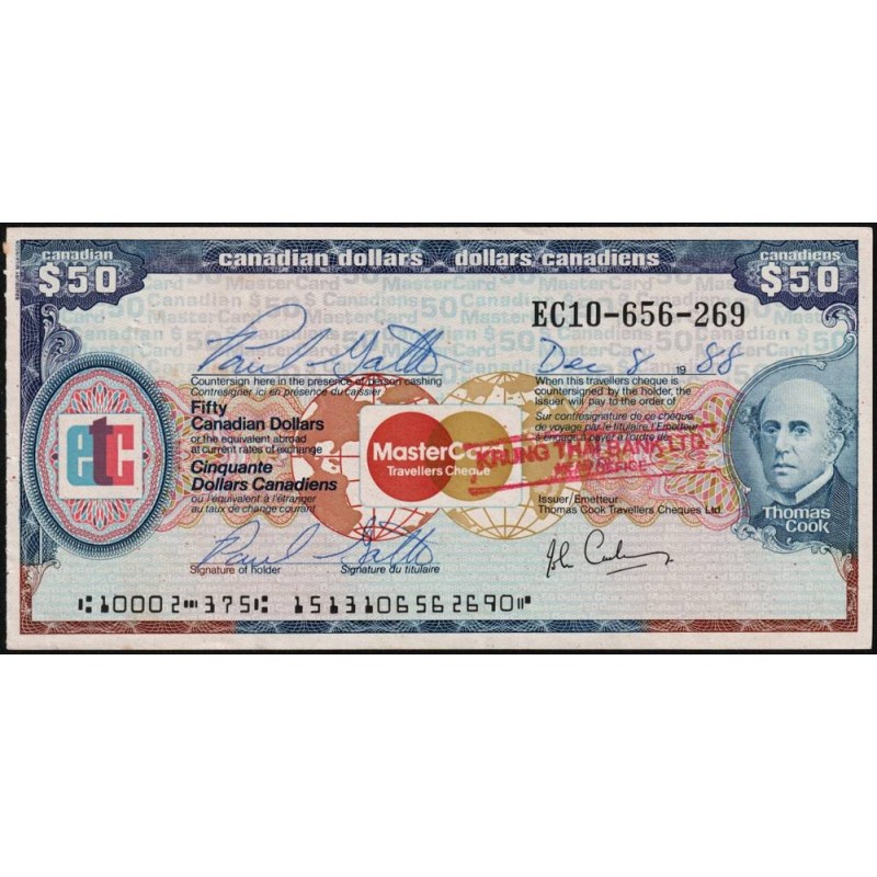 Canada - Chèque Voyage - Thomas Cook - 50 dollars - 1988 - Etat : SPL+