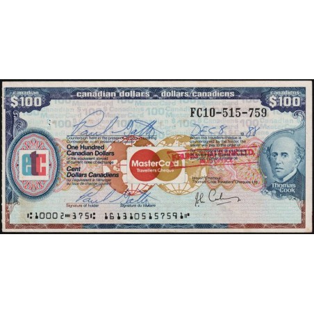 Canada - Chèque Voyage - Thomas Cook - 100 dollars - 1988 - Etat : SUP