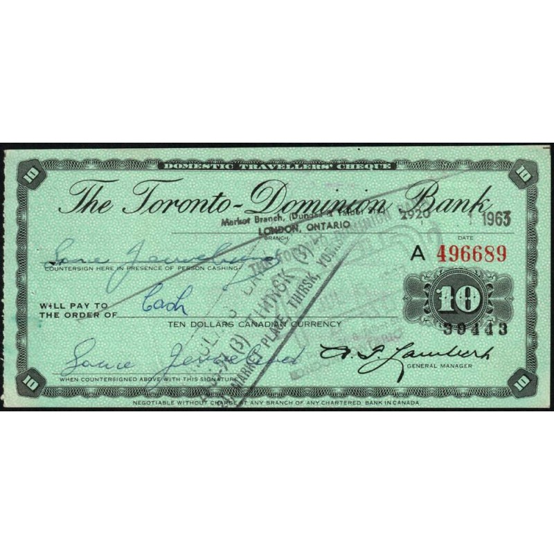 Canada - Chèque Voyage - The Toronto Dominion Bank - 10 dollars - 1963 - Etat : SUP