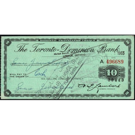 Canada - Chèque Voyage - The Toronto Dominion Bank - 10 dollars - 1963 - Etat : SUP