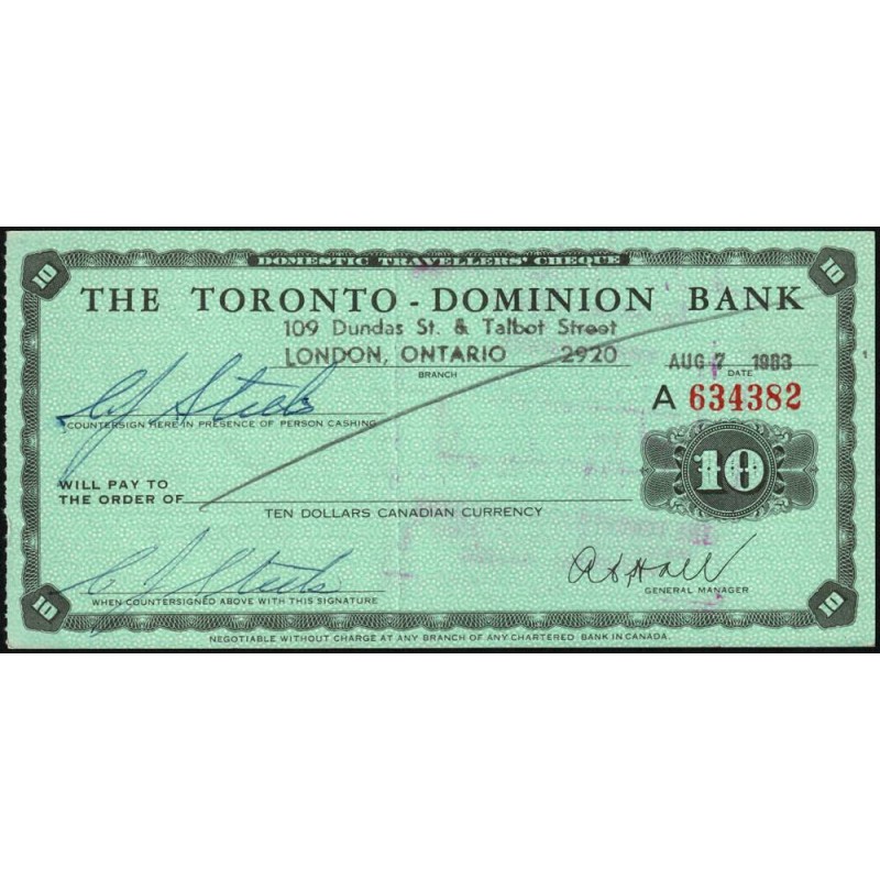 Canada - Chèque Voyage - The Toronto Dominion Bank - 10 dollars - 1963 - Etat : SUP