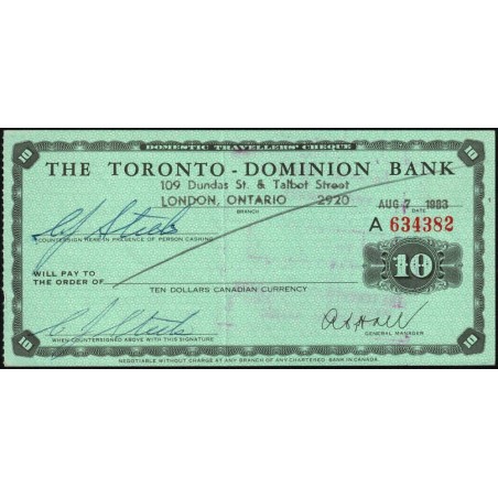 Canada - Chèque Voyage - The Toronto Dominion Bank - 10 dollars - 1963 - Etat : SUP
