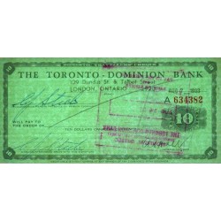 Canada - Chèque Voyage - The Toronto Dominion Bank - 10 dollars - 1963 - Etat : SUP
