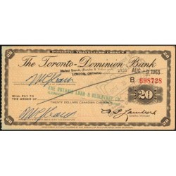 Canada - Chèque Voyage - The Toronto Dominion Bank - 20 dollars - 1963 - Etat : SUP
