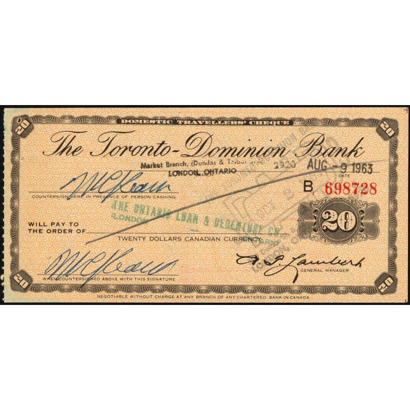 Canada - Chèque Voyage - The Toronto Dominion Bank - 20 dollars - 1963 - Etat : SUP
