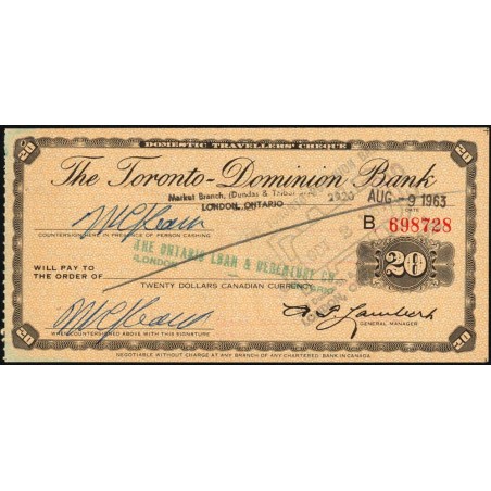 Canada - Chèque Voyage - The Toronto Dominion Bank - 20 dollars - 1963 - Etat : SUP