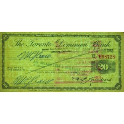 Canada - Chèque Voyage - The Toronto Dominion Bank - 20 dollars - 1963 - Etat : SUP