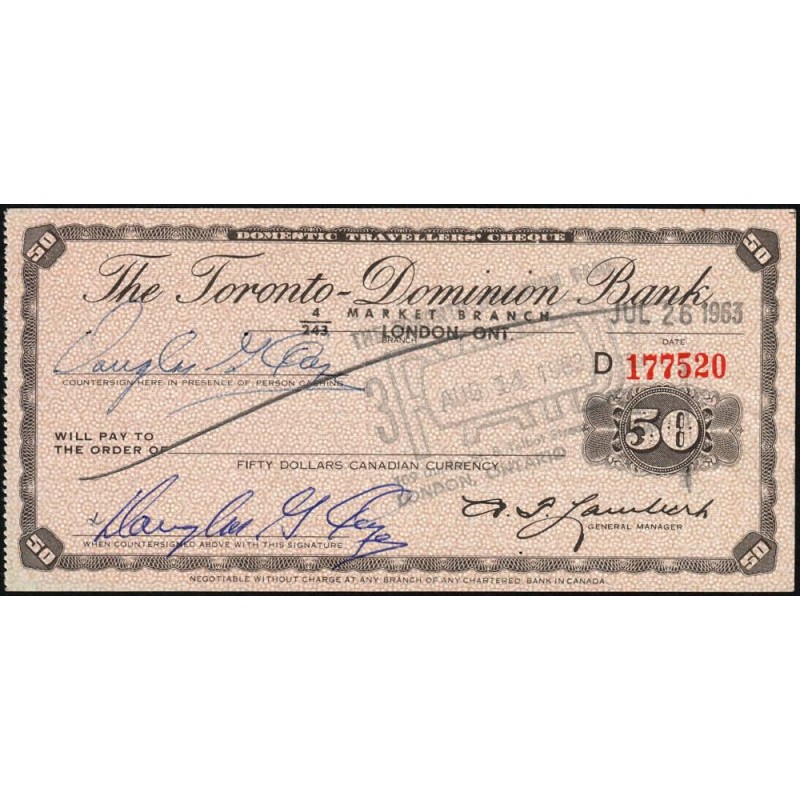 Canada - Chèque Voyage - The Toronto Dominion Bank - 50 dollars - 1963 - Etat : SUP