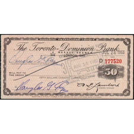 Canada - Chèque Voyage - The Toronto Dominion Bank - 50 dollars - 1963 - Etat : SUP