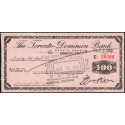 Canada - Chèque Voyage - The Toronto Dominion Bank - 100 dollars - 1963 - Etat : SUP