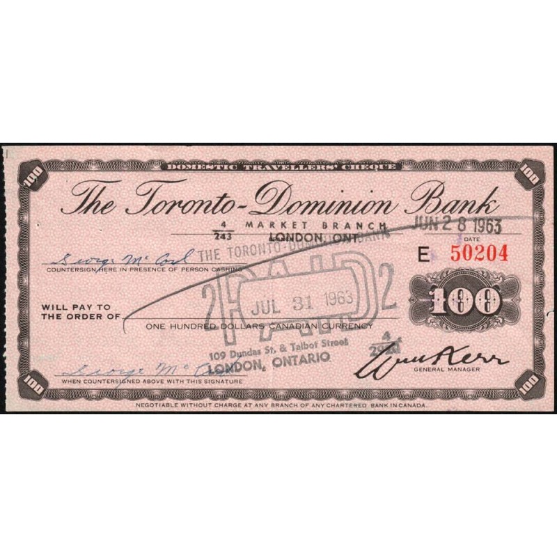 Canada - Chèque Voyage - The Toronto Dominion Bank - 100 dollars - 1963 - Etat : SUP