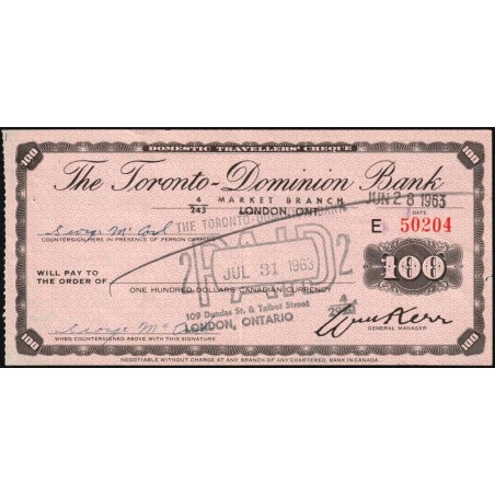 Canada - Chèque Voyage - The Toronto Dominion Bank - 100 dollars - 1963 - Etat : SUP