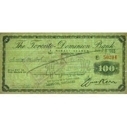 Canada - Chèque Voyage - The Toronto Dominion Bank - 100 dollars - 1963 - Etat : SUP