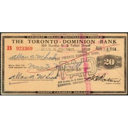 Canada - Chèque Voyage - The Toronto Dominion Bank - 20 dollars - 1964 - Etat : SUP