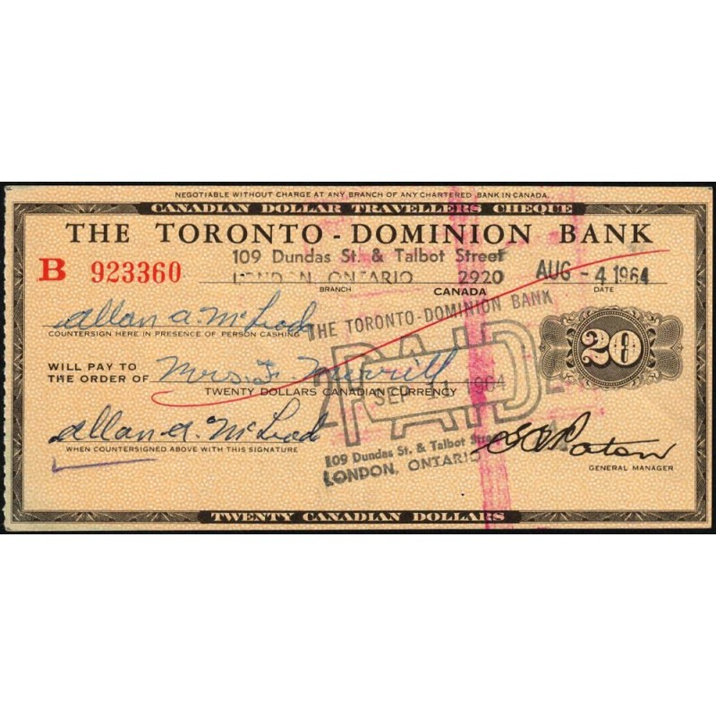 Canada - Chèque Voyage - The Toronto Dominion Bank - 20 dollars - 1964 - Etat : SUP