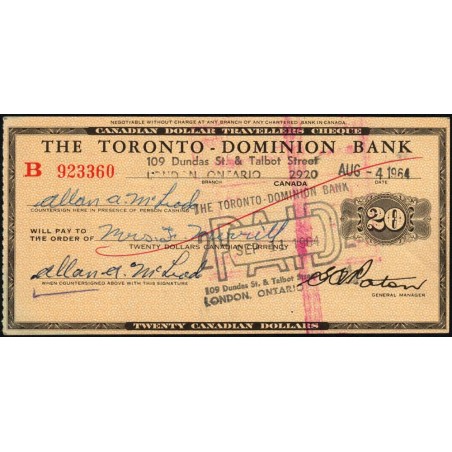 Canada - Chèque Voyage - The Toronto Dominion Bank - 20 dollars - 1964 - Etat : SUP