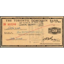 Canada - Chèque Voyage - The Toronto Dominion Bank - 20 dollars - 1964 - Etat : SPL
