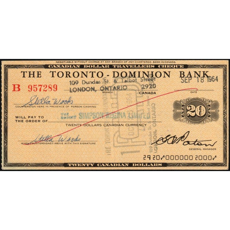 Canada - Chèque Voyage - The Toronto Dominion Bank - 20 dollars - 1964 - Etat : SPL