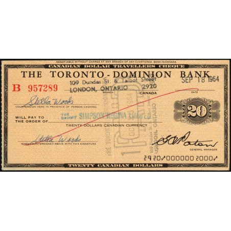 Canada - Chèque Voyage - The Toronto Dominion Bank - 20 dollars - 1964 - Etat : SPL