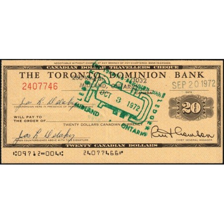 Canada - Chèque Voyage - The Toronto Dominion Bank - 20 dollars - 1972 - Etat : SPL