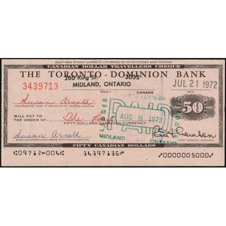 Canada - Chèque Voyage - The Toronto Dominion Bank - 50 dollars - 1972 - Etat : SUP