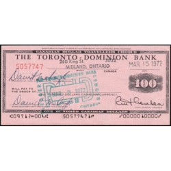 Canada - Chèque Voyage - The Toronto Dominion Bank - 100 dollars - 1972 - Etat : SPL