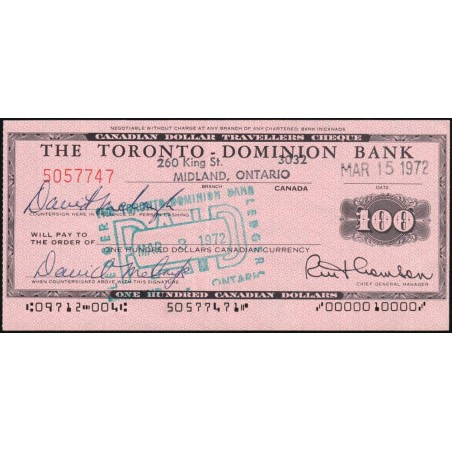 Canada - Chèque Voyage - The Toronto Dominion Bank - 100 dollars - 1972 - Etat : SPL