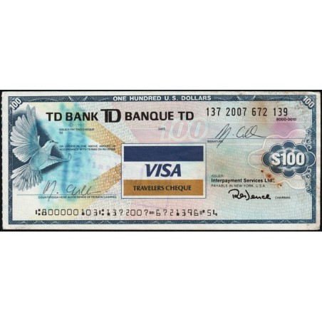 Canada - Chèque Voyage - TD Bank - 100 dollars US - 1991 - Etat : TB+