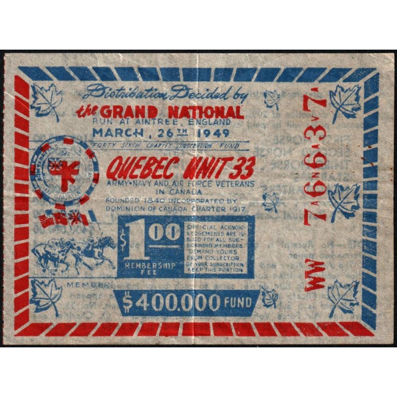 Canada - Quebec Unit 33 - Course du Grand National à Aintree (Angl.) - 1 dollar - 1949 - Etat : TTB