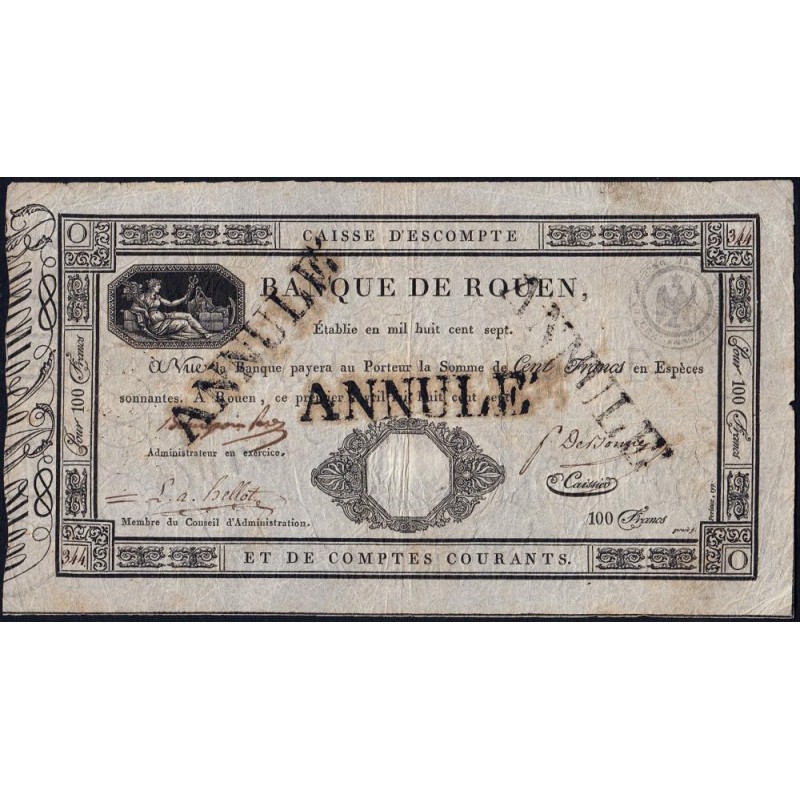 Caisse d'Escompte - Banque de Rouen - Pick S 177 - 100 francs - 1 avril 1807 - Etat : TB+