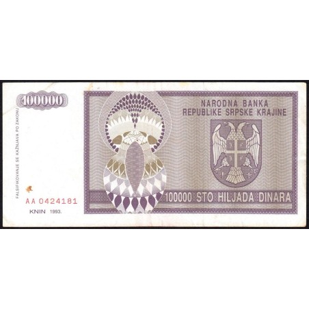 Croatie - Krajina - Pick R9 - 100'000 dinara - Série AA - 1993 - Etat : TTB-