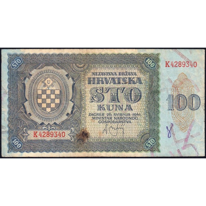 Croatie - Pick 2 - 100 kuna - Série K - 26/05/1941 - Etat : TB-