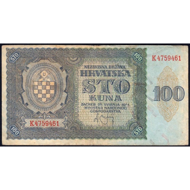 Croatie - Pick 2 - 100 kuna - Série K - 26/05/1941 - Etat : TB