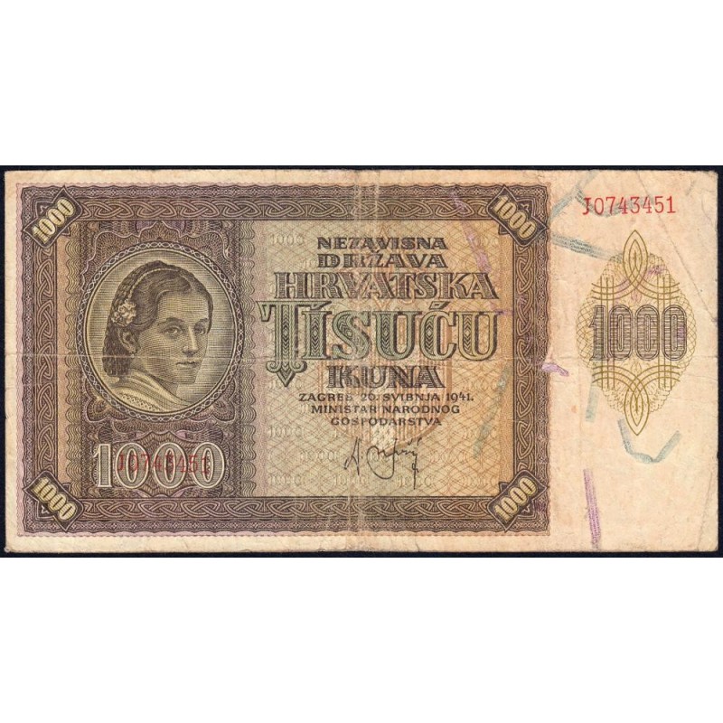 Croatie - Pick 4 - 1'000 kuna - Série J - 26/05/1941 - Etat : TB-