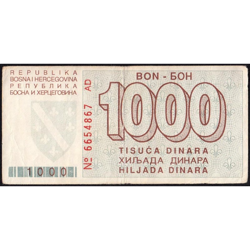 Bosnie-Herzégovine - Pick 26a - 1'000 dinara - Série AD - 01/08/1992 - Etat : TB+