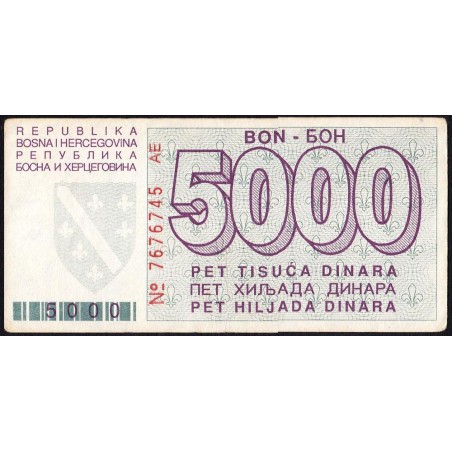 Bosnie-Herzégovine - Pick 27a - 5'000 dinara - Série AE - 01/08/1992 - Etat : TTB