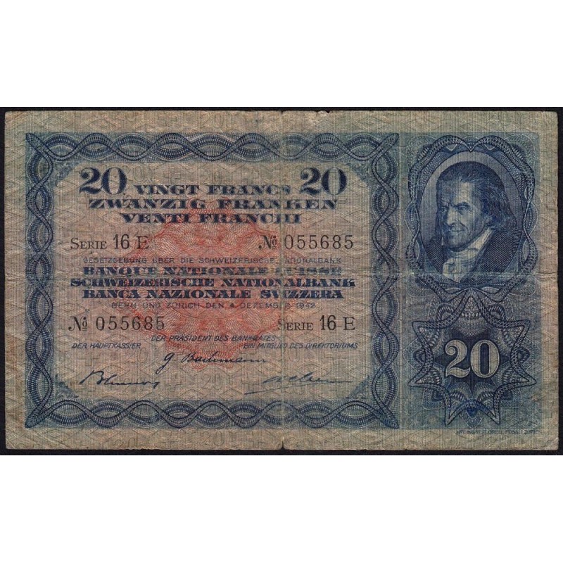 Suisse - Pick 39l_2 - 20 francs - Série 16 E - 04/12/1942 - Etat : TB-