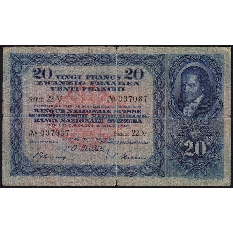 Suisse - Pick 39p_3 - 20 francs - Série 22 V - 16/10/1947 - Etat : TB-