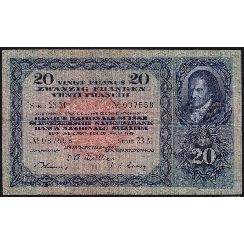 Suisse - Pick 39q_2 - 20 francs - Série 23 M - 20/01/1949 - Etat : TB