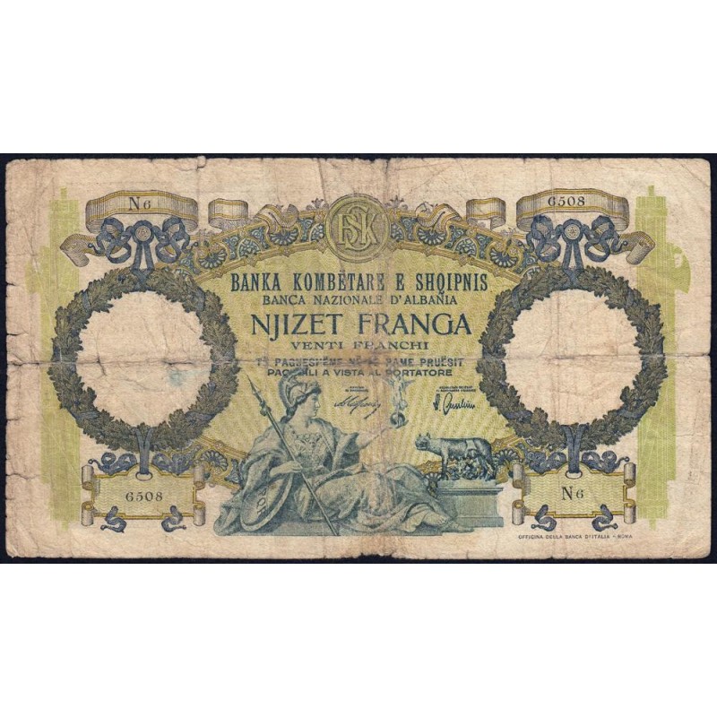 Albanie - Pick 7 - 20 franga - Série N6 - 1939 - Etat : B