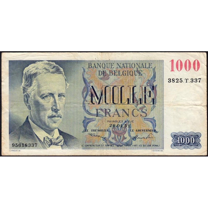 Belgique - Pick 131a_1 - 1'000 francs - Série 3825.T - 26/01/1951 - Etat : TB+