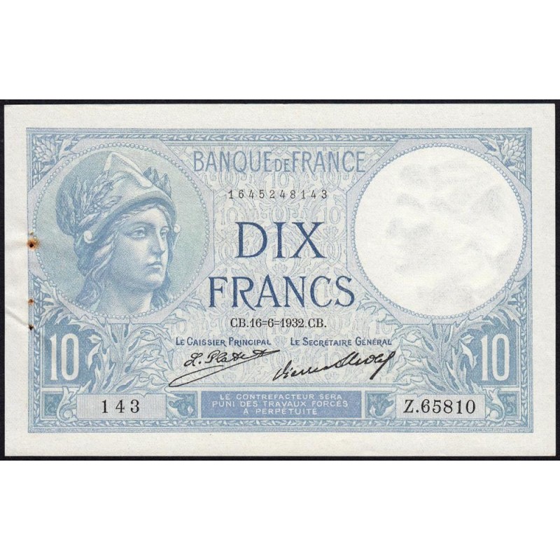 F 06-16 - 16/06/1932 - 10 francs - Minerve - Série Z.65810 - Etat : SUP