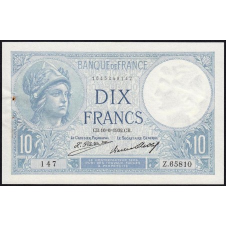 F 06-16 - 16/06/1932 - 10 francs - Minerve - Série Z.65810 - Etat : SUP+