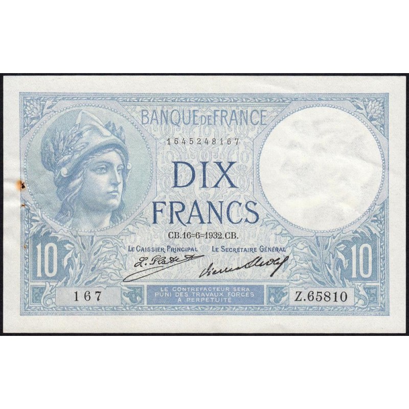F 06-16 - 16/06/1932 - 10 francs - Minerve - Série Z.65810 - Etat : SUP