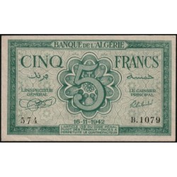 Algérie - Pick 91 - 5 francs - Série B.1079 - 16/11/1942 - Etat : SPL