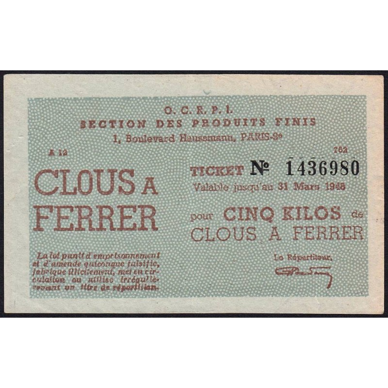 5 kg clous à ferrer - 31/03/1948 - Série A 12 - Etat : SUP