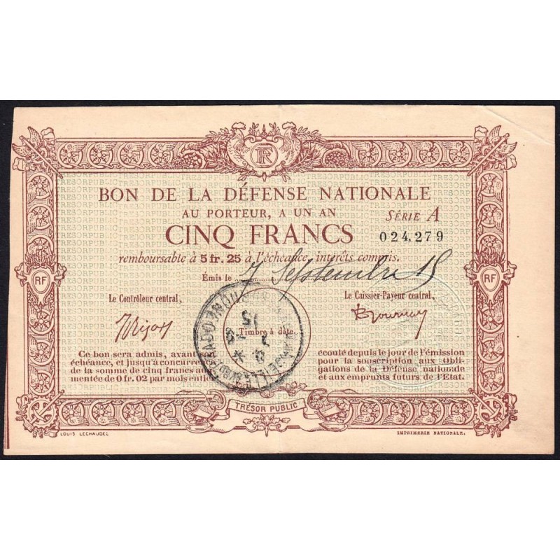 13 - Marseille - Bon de la Défense Nationale - 1915 - 5 francs - Série A - Etat : TTB